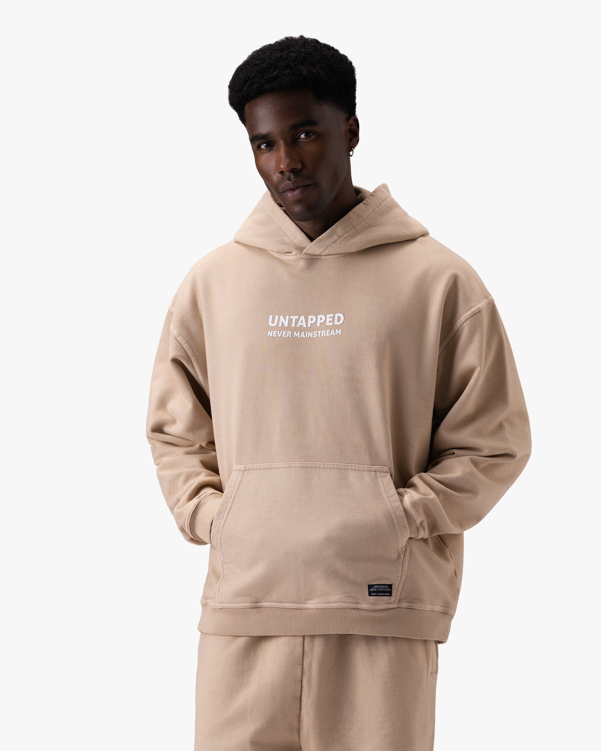 Untapped London Manifest Hoodie in Sandstone, oversized raglan-sleeve cotton hoodie