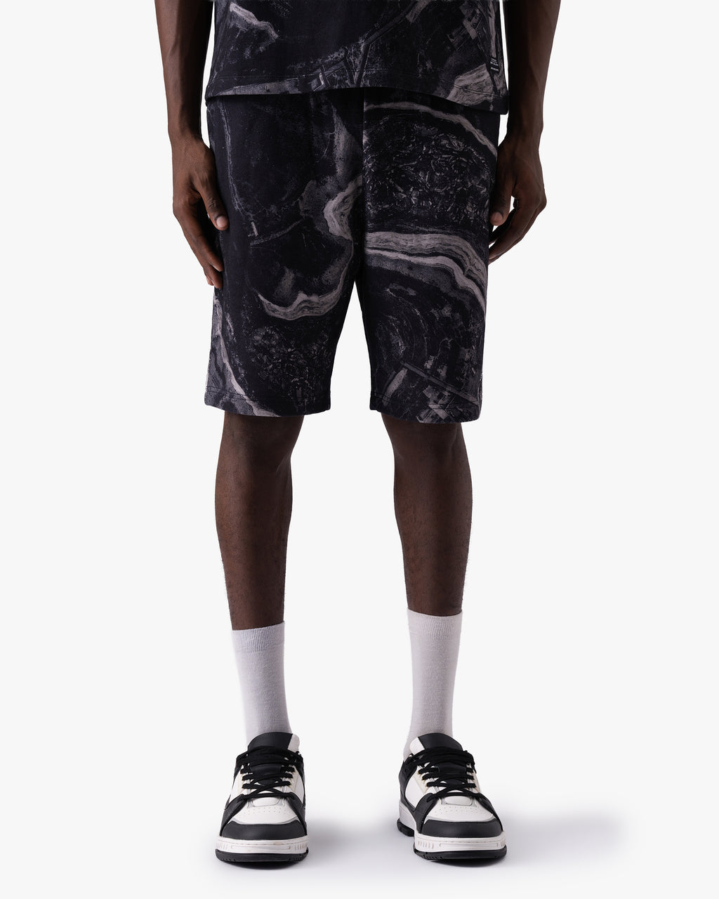 Untapped London Terrain Short in Black Marble print, heavyweight cotton shorts