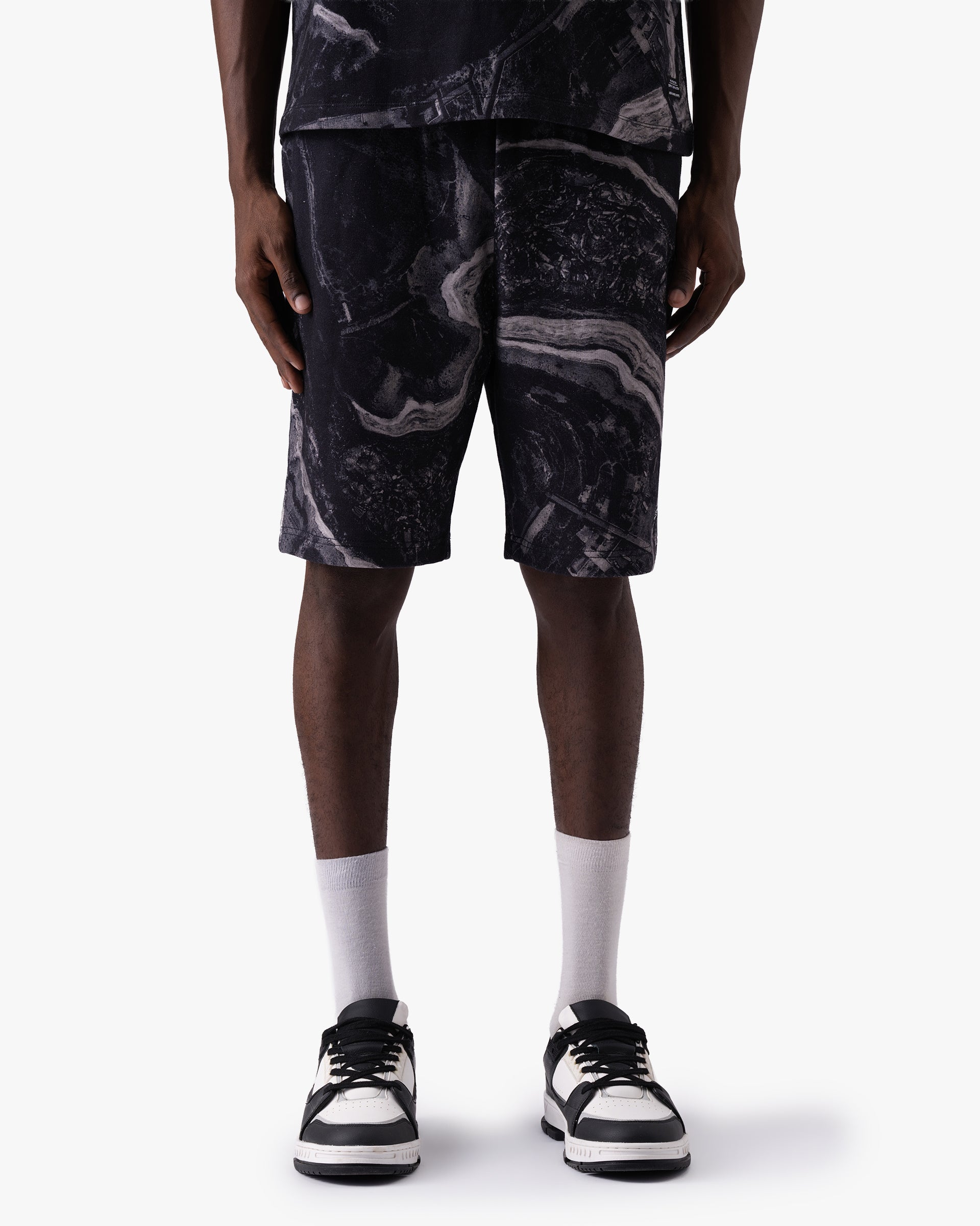 Untapped London Terrain Short in Black Marble print, heavyweight cotton shorts