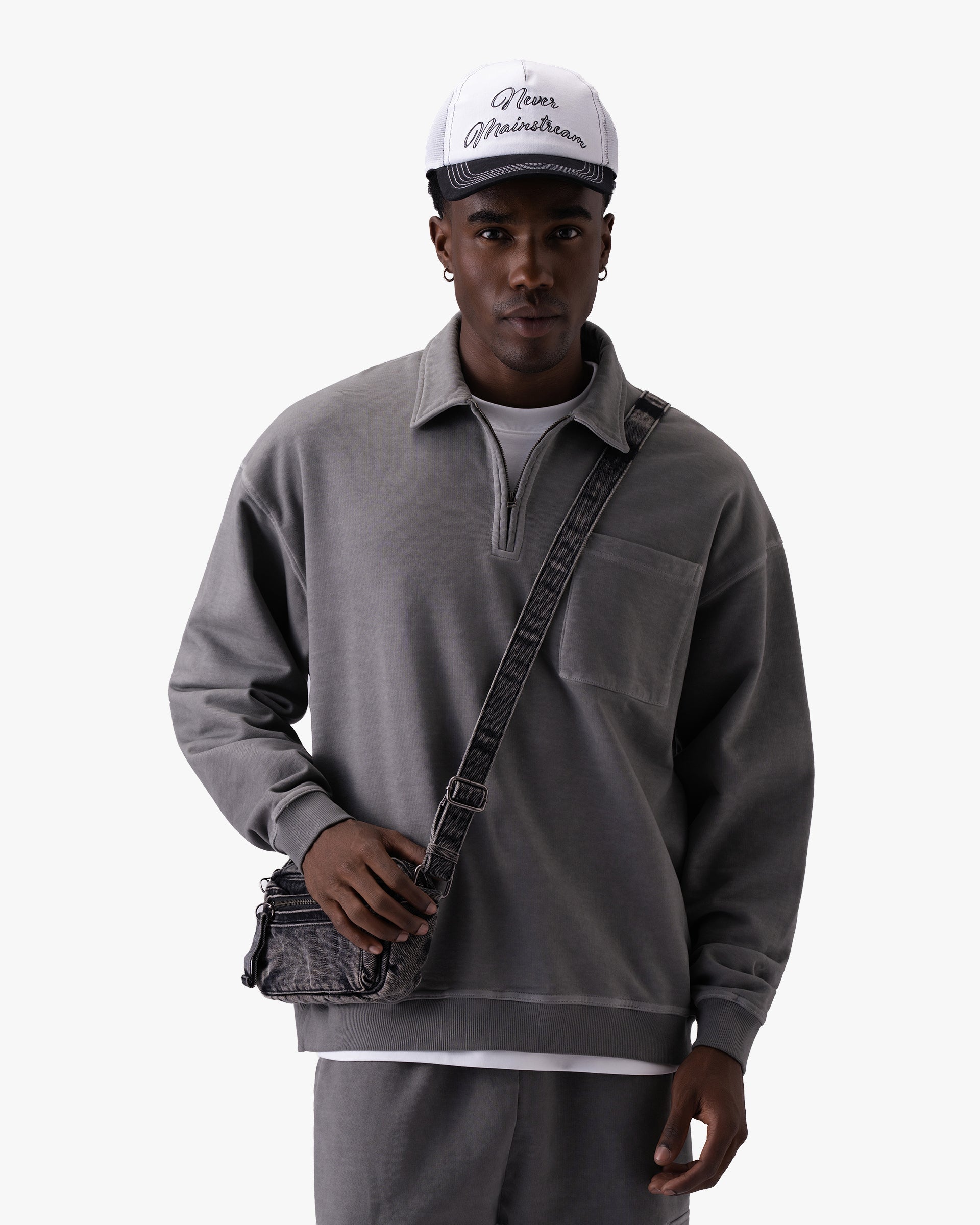 Untapped London Field Quarter Zip in Aged Grey, heavyweight cotton quarter-zip top