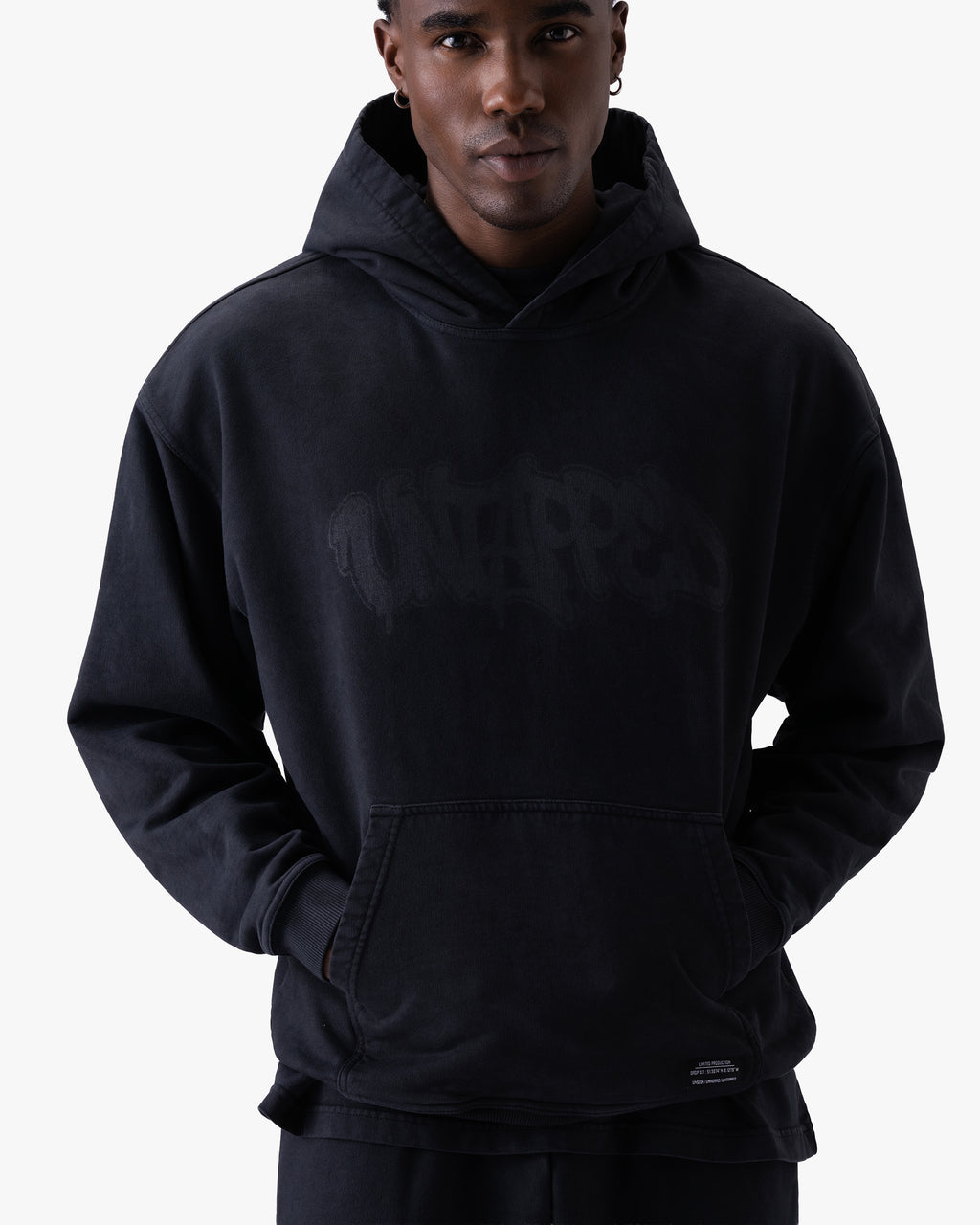 Untapped London Echo Hoodie in Washed Black, oversized heavyweight cotton hoodie