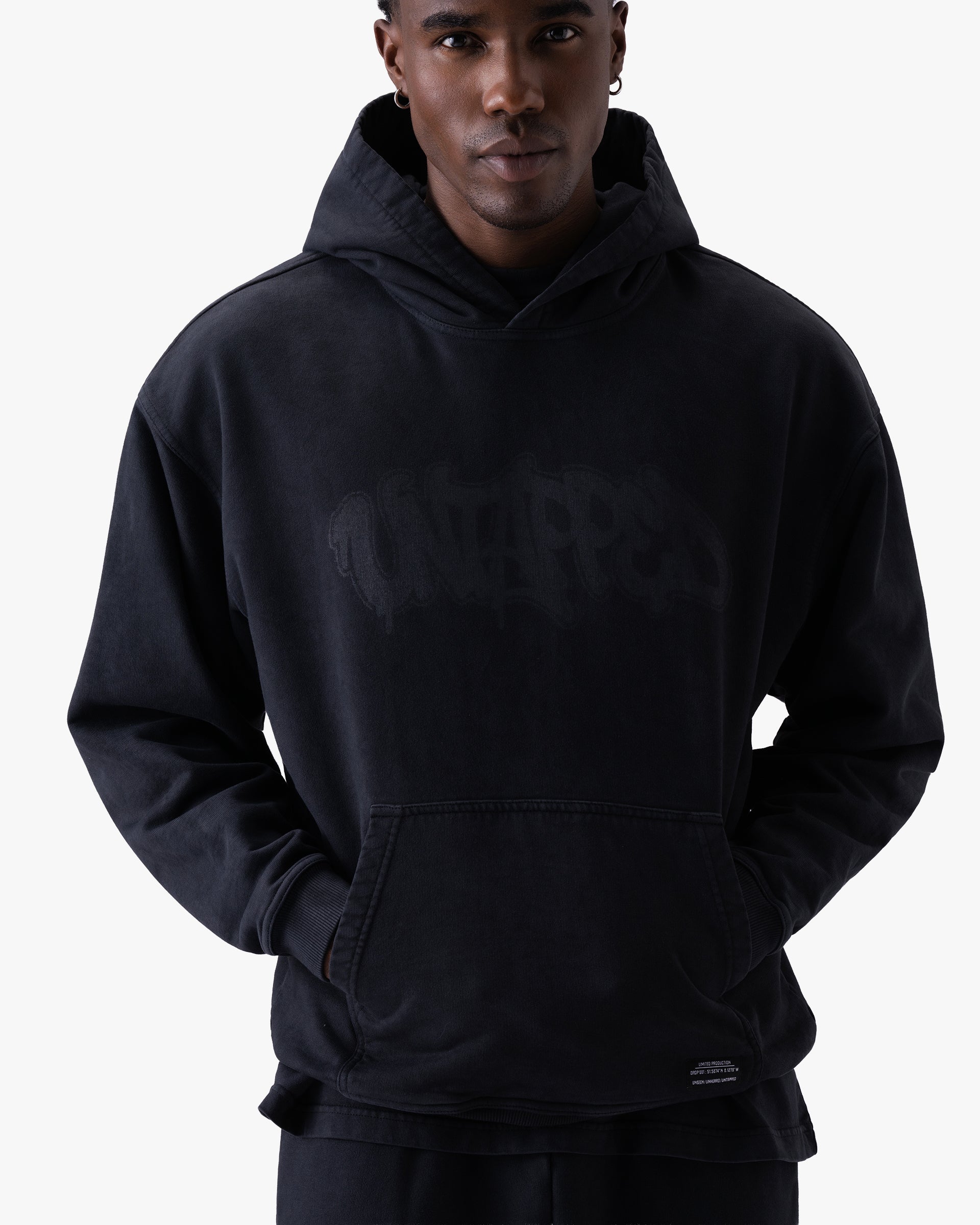Untapped London Echo Hoodie in Washed Black, oversized heavyweight cotton hoodie