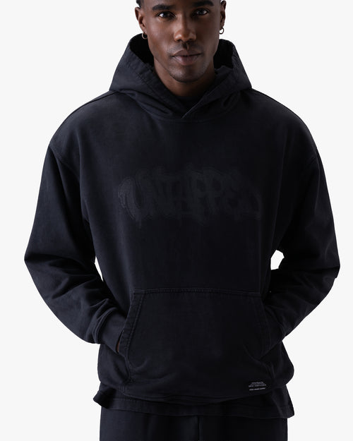 Untapped London Echo Hoodie in Washed Black, oversized heavyweight cotton hoodie
