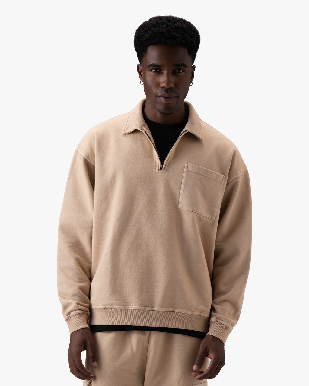 Untapped London Field Quarter Zip in Sandstone, heavyweight cotton quarter-zip top