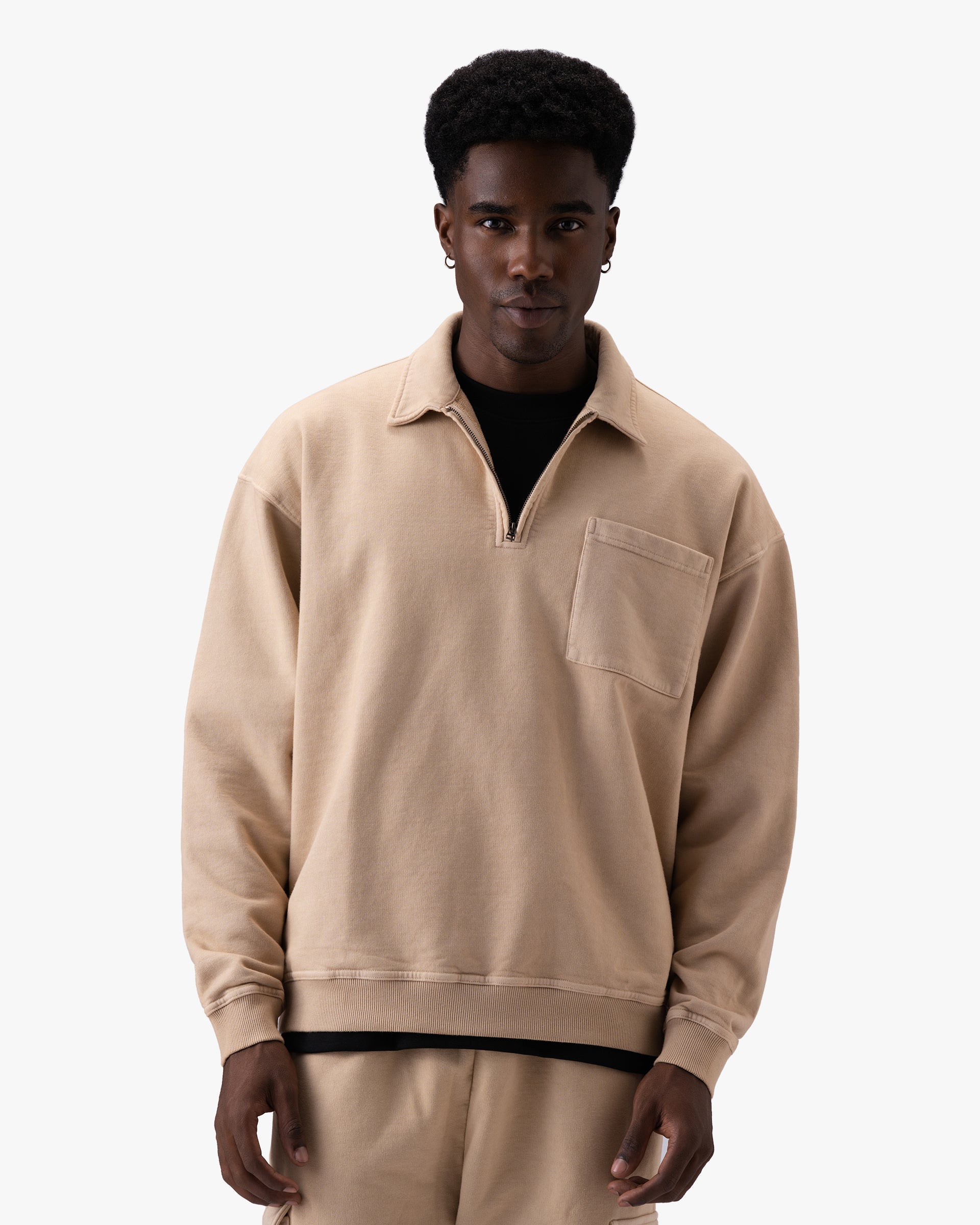 Untapped London Field Quarter Zip in Sandstone, heavyweight cotton quarter-zip top