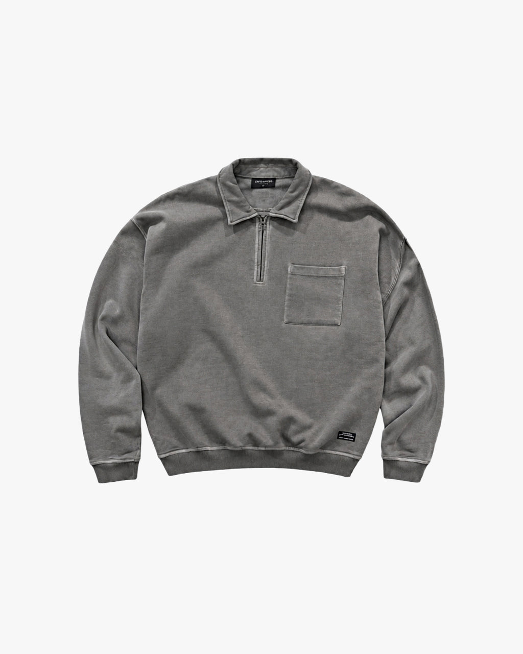 Untapped London Field Quarter Zip in Aged Grey, heavyweight cotton quarter-zip top