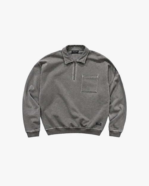 Untapped London Field Quarter Zip in Aged Grey, heavyweight cotton quarter-zip top