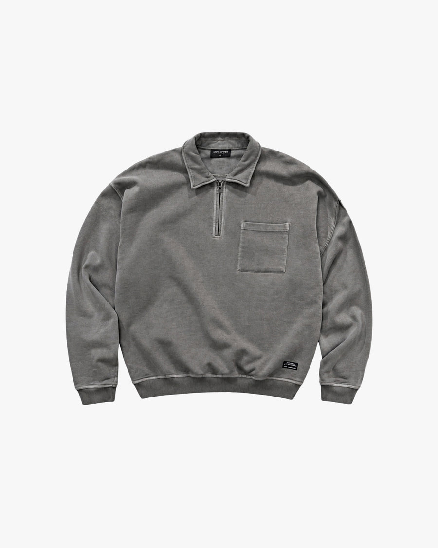 Untapped London Field Quarter Zip in Aged Grey, heavyweight cotton quarter-zip top