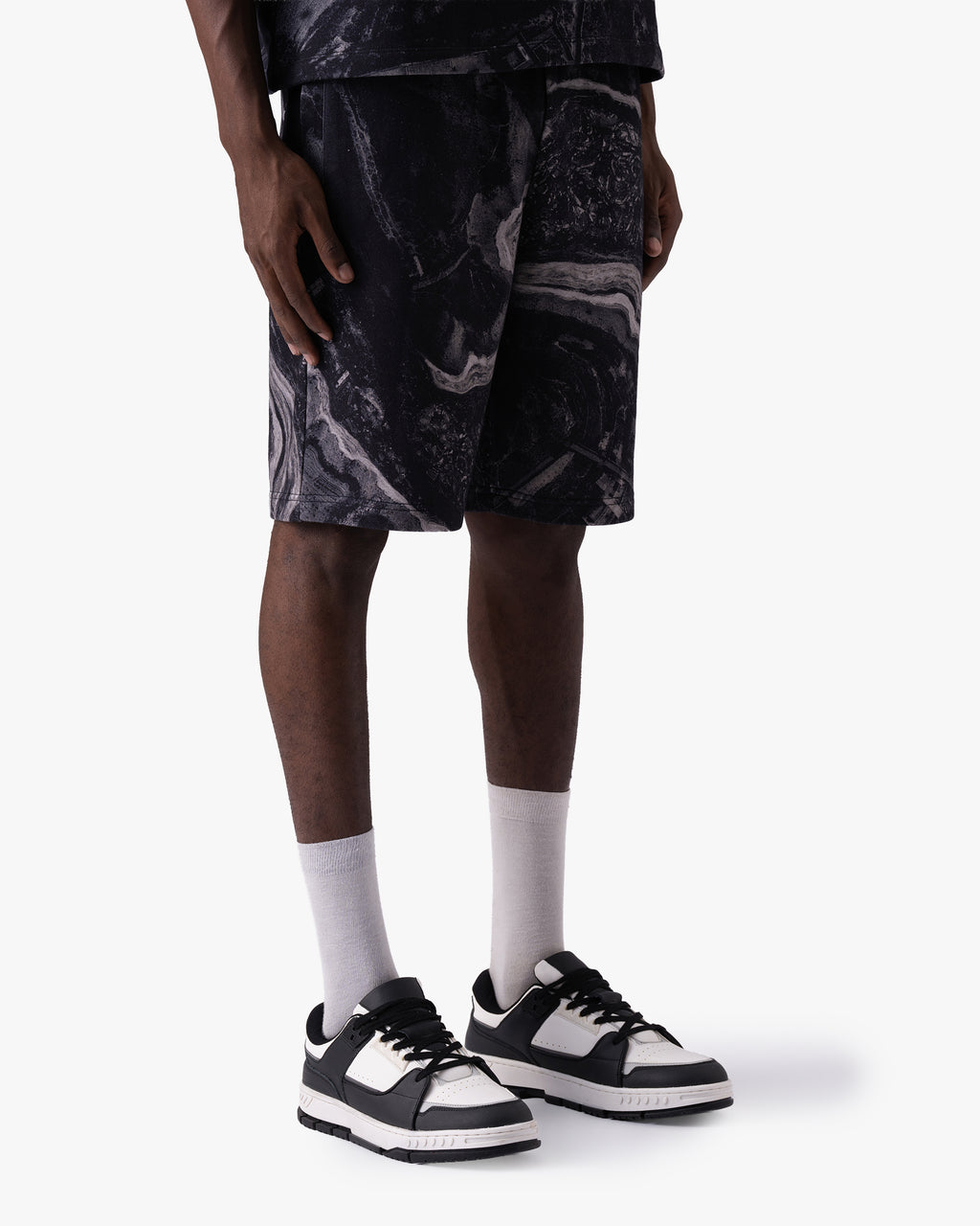 Untapped London Terrain Short in Black Marble print, heavyweight cotton shorts
