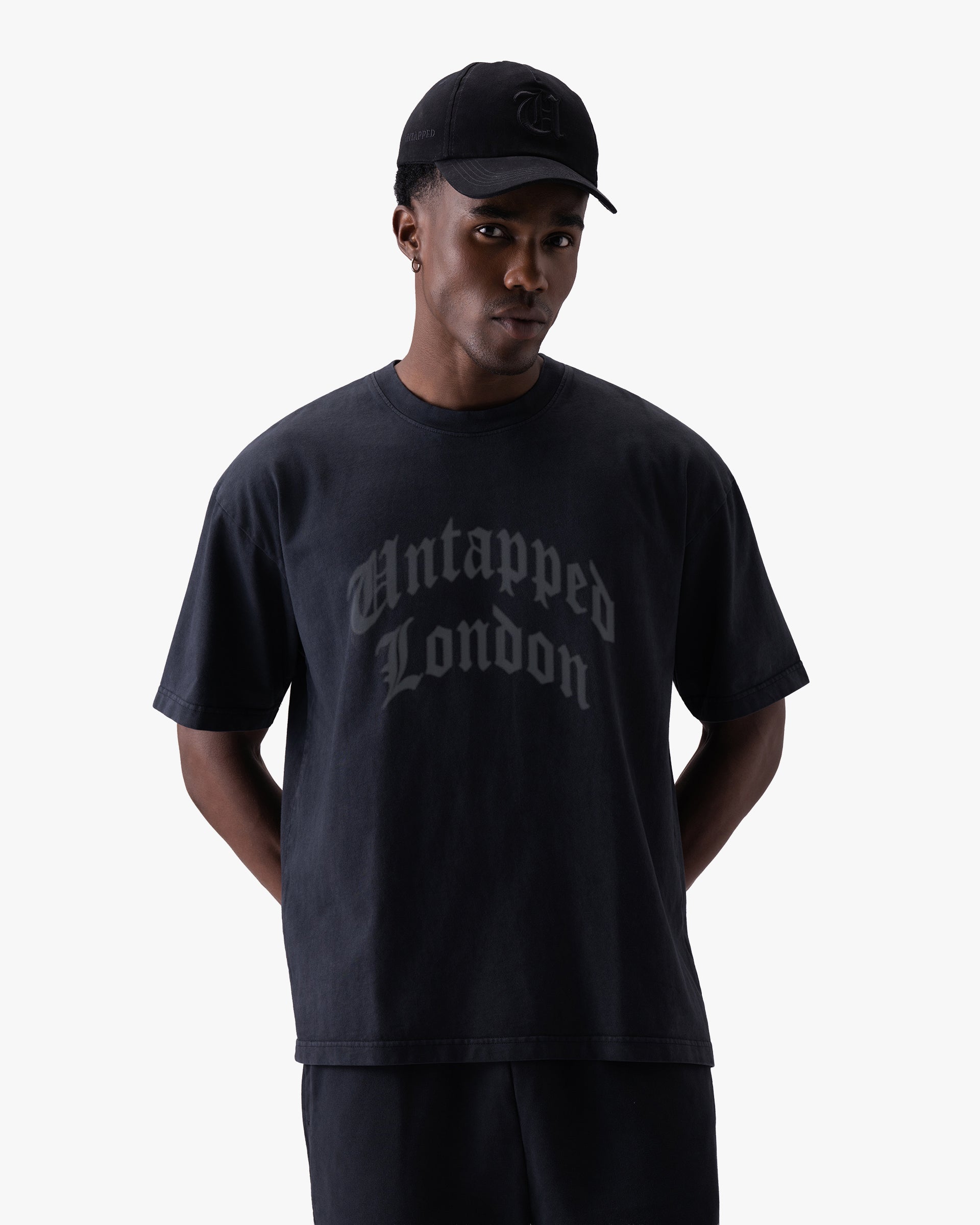 Untapped London Echo Tee in Carbon Black, heavyweight cotton t-shirt with spray-effect graphic