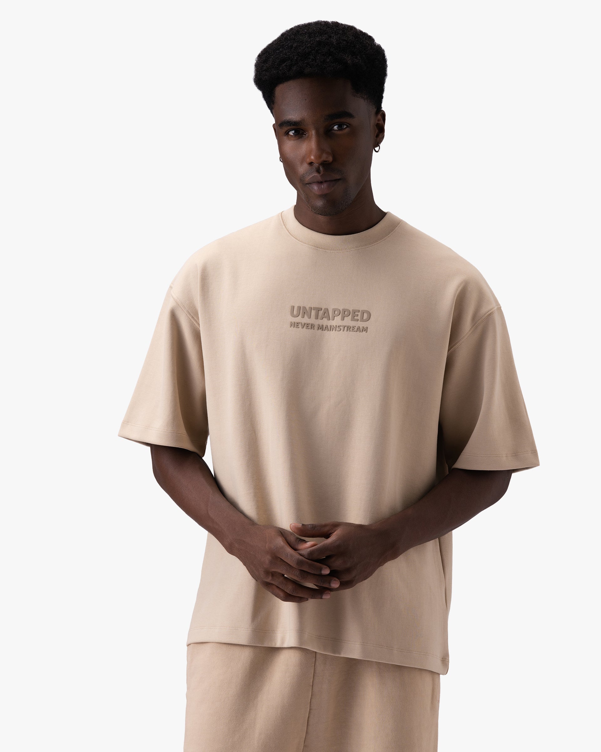 Untapped London Monogram Tee in Stone Beige, oversized heavyweight cotton t-shirt with HD print