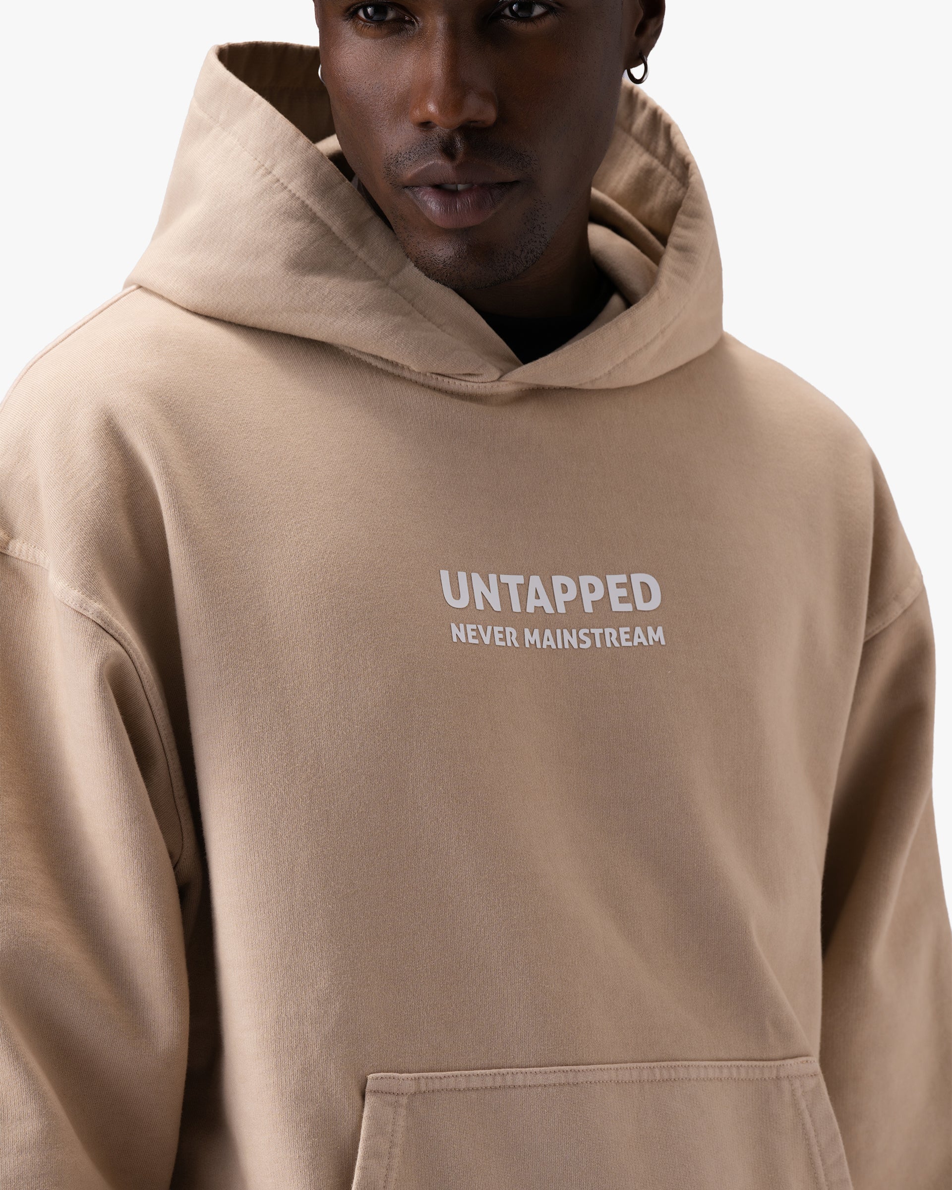 Untapped London Manifest Hoodie in Sandstone, oversized raglan-sleeve cotton hoodie
