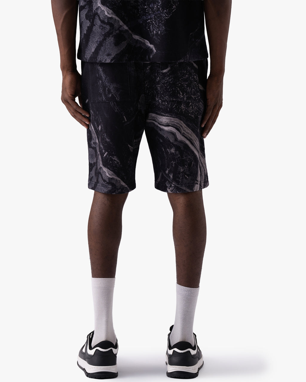 Untapped London Terrain Short in Black Marble print, heavyweight cotton shorts