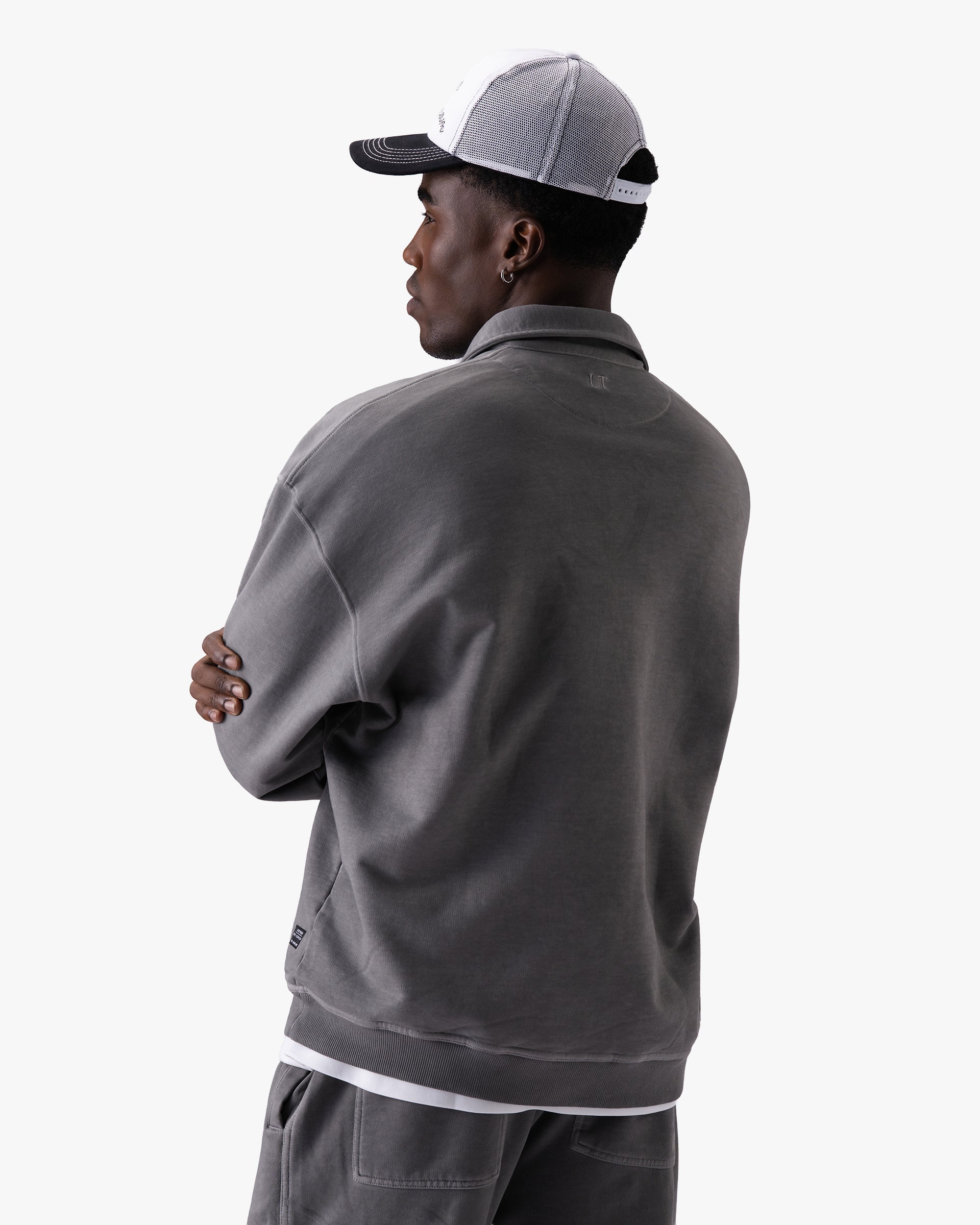 Untapped London Field Quarter Zip in Aged Grey, heavyweight cotton quarter-zip top