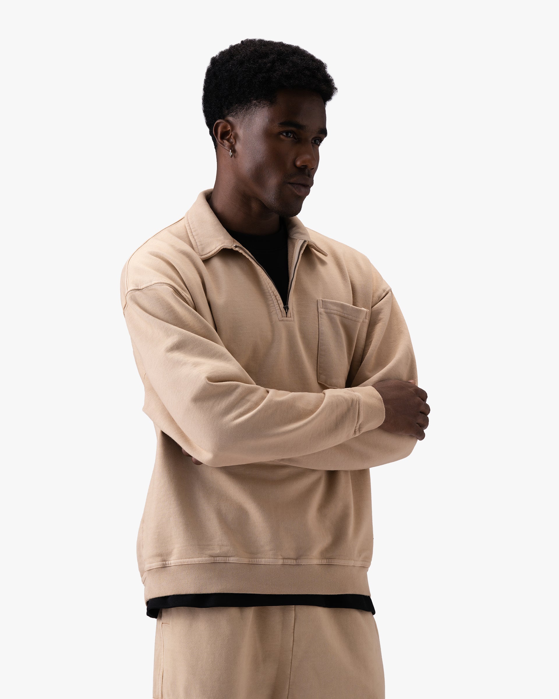 Untapped London Field Quarter Zip in Sandstone, heavyweight cotton quarter-zip top