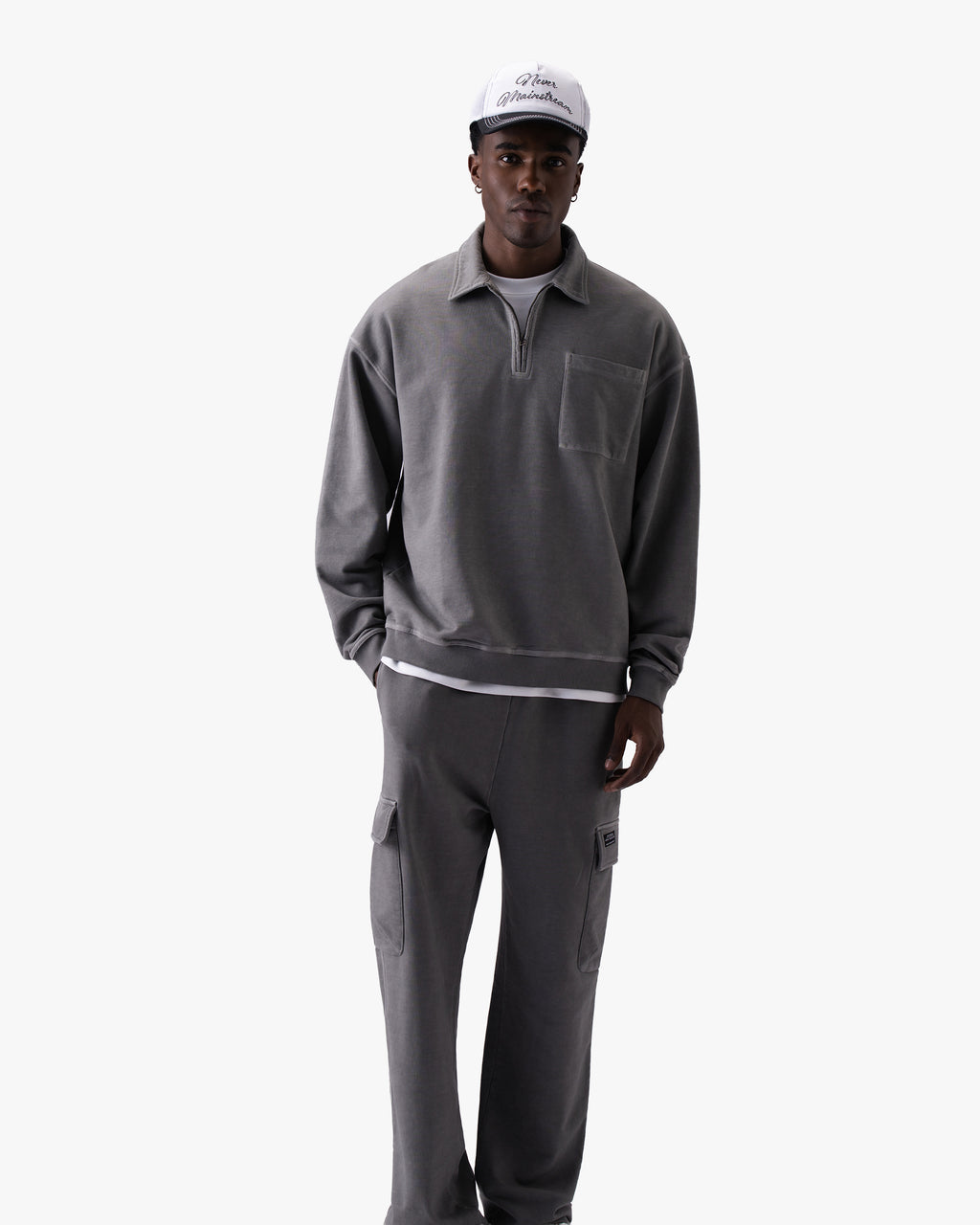 Untapped London Field Quarter Zip in Aged Grey, heavyweight cotton quarter-zip top
