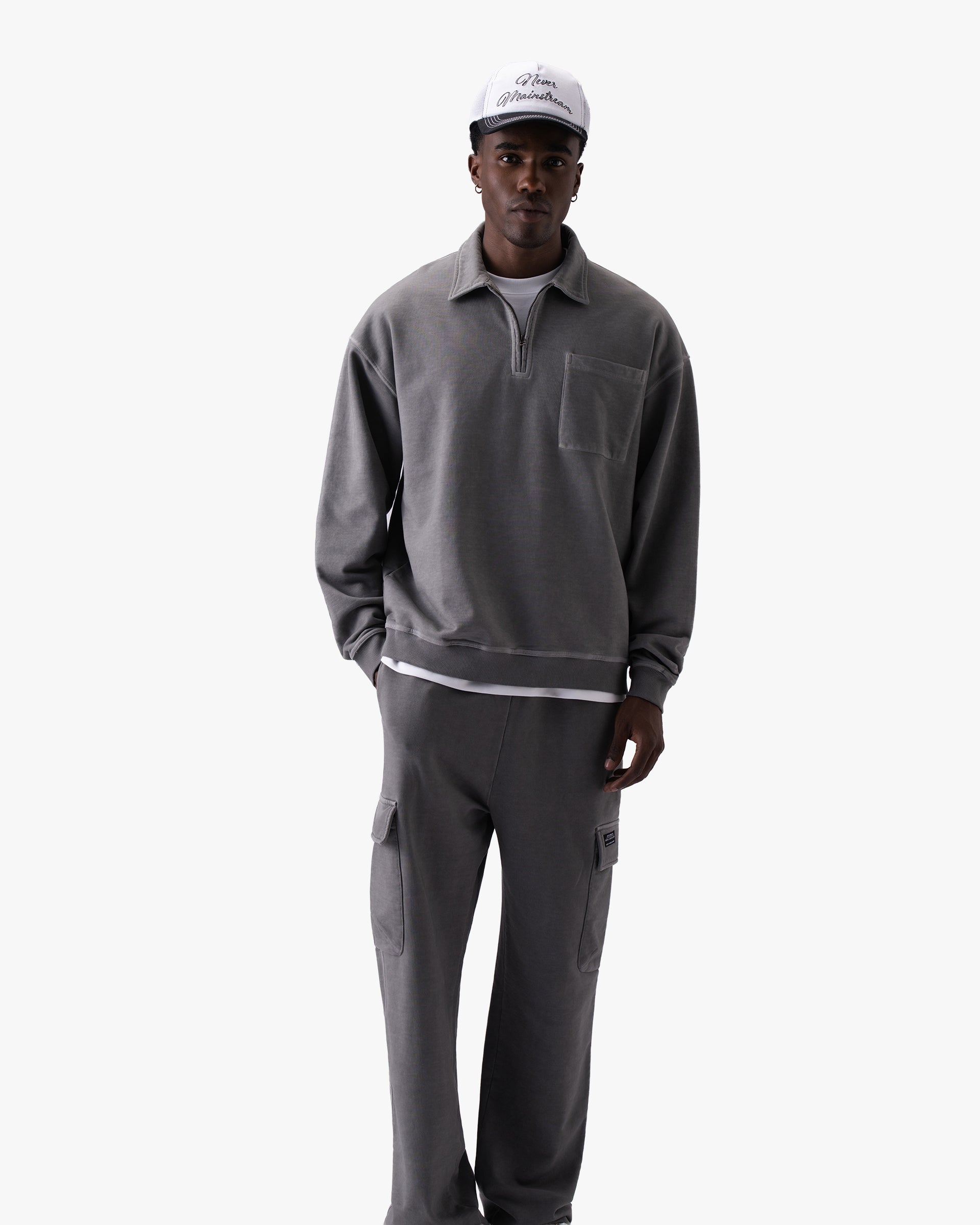 Untapped London Field Quarter Zip in Aged Grey, heavyweight cotton quarter-zip top