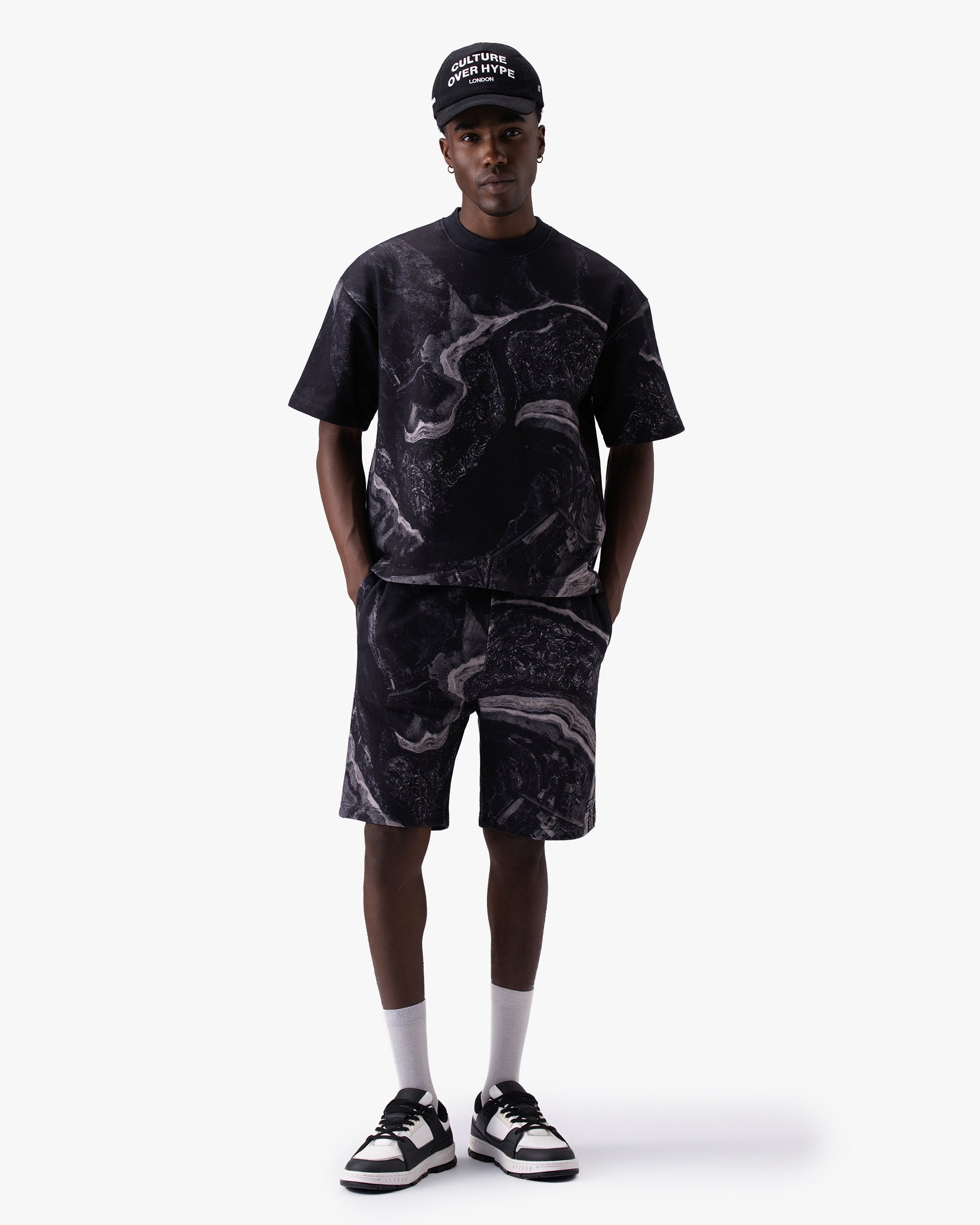 Untapped London Terrain Short in Black Marble print, heavyweight cotton shorts