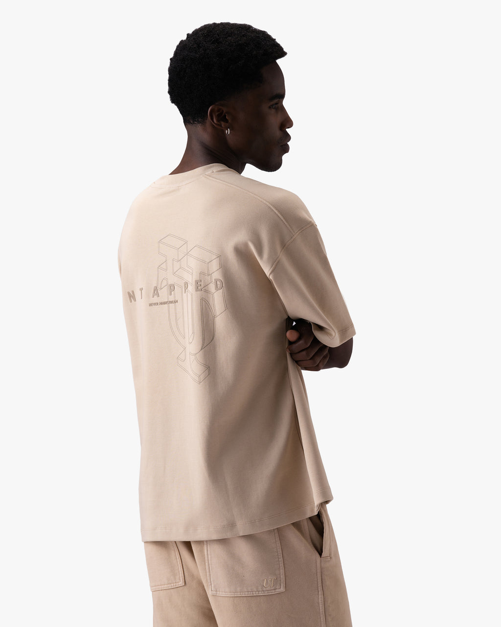 Untapped London Monogram Tee in Stone Beige, oversized heavyweight cotton t-shirt with HD print