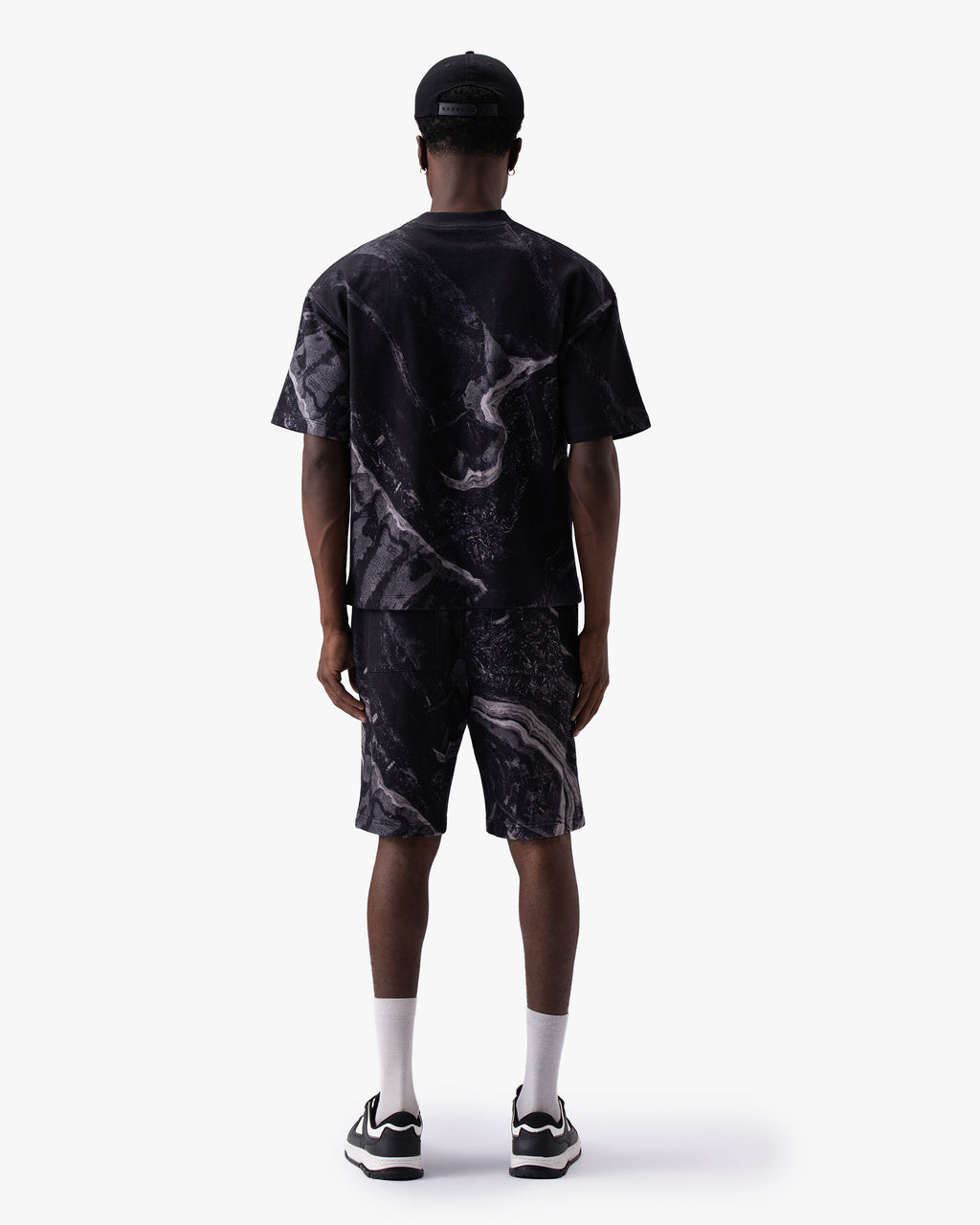 Untapped London Terrain Short in Black Marble print, heavyweight cotton shorts