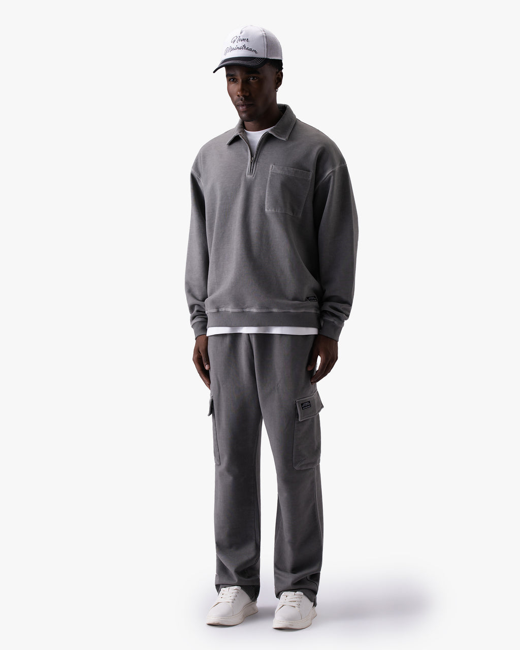 Untapped London Field Quarter Zip in Aged Grey, heavyweight cotton quarter-zip top