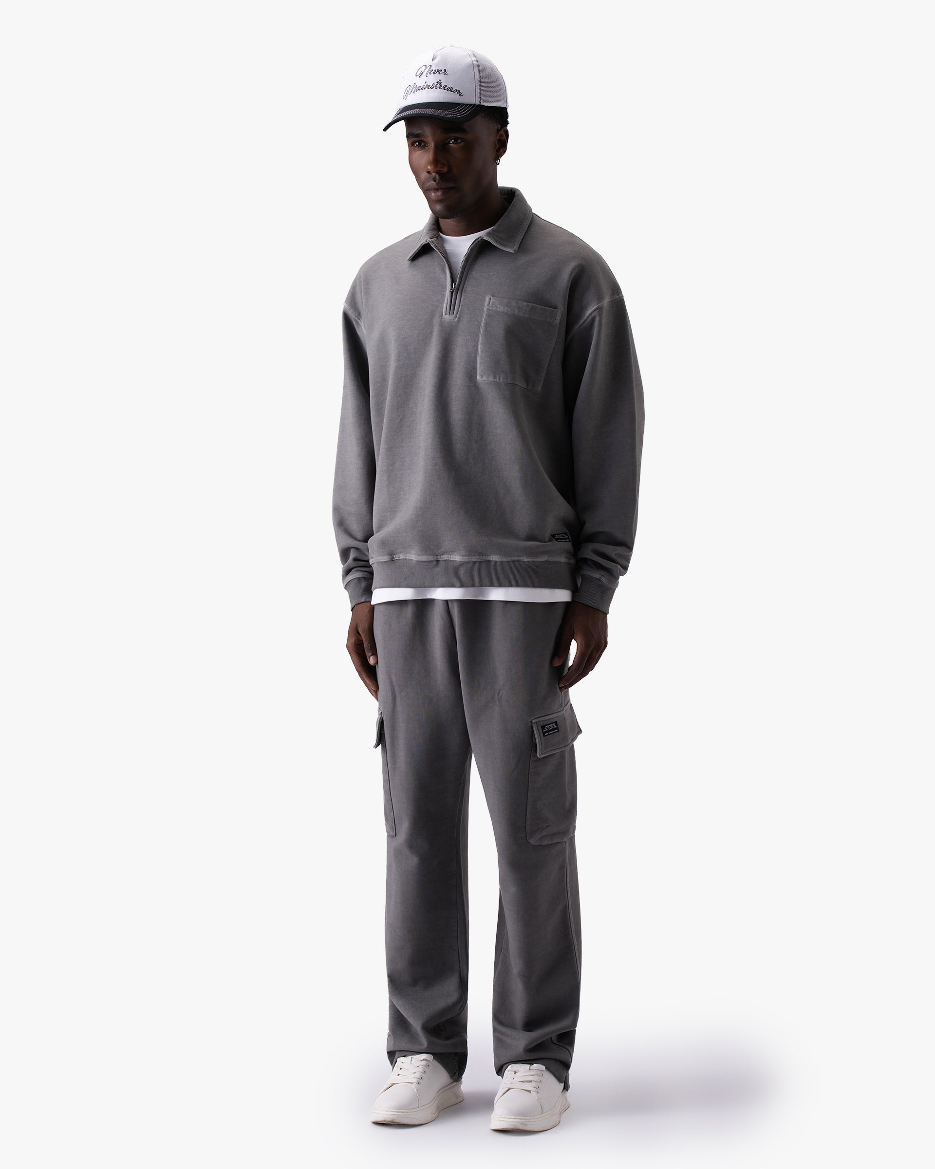 Untapped London Field Quarter Zip in Aged Grey, heavyweight cotton quarter-zip top