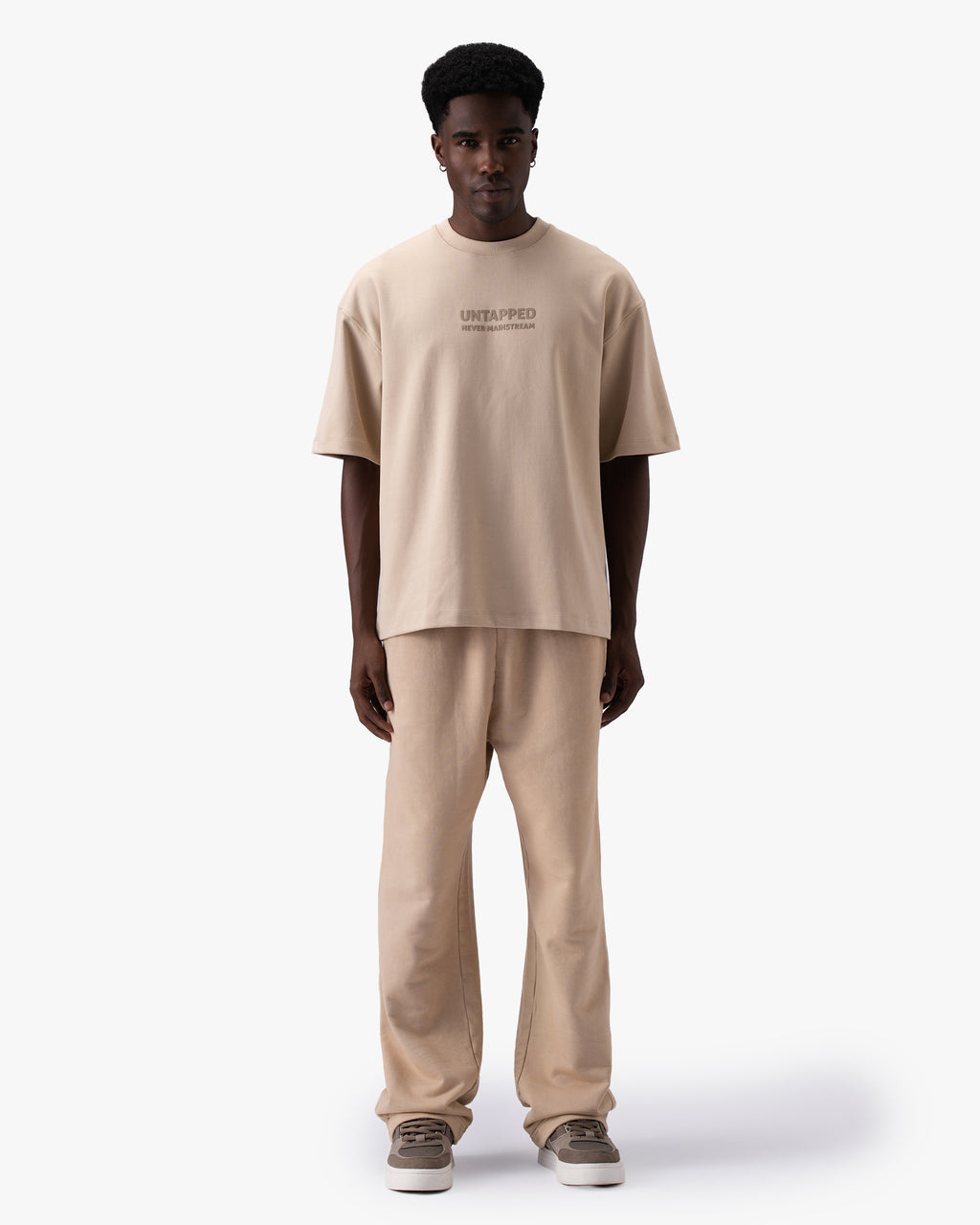 Untapped London Monogram Tee in Stone Beige, oversized heavyweight cotton t-shirt with HD print