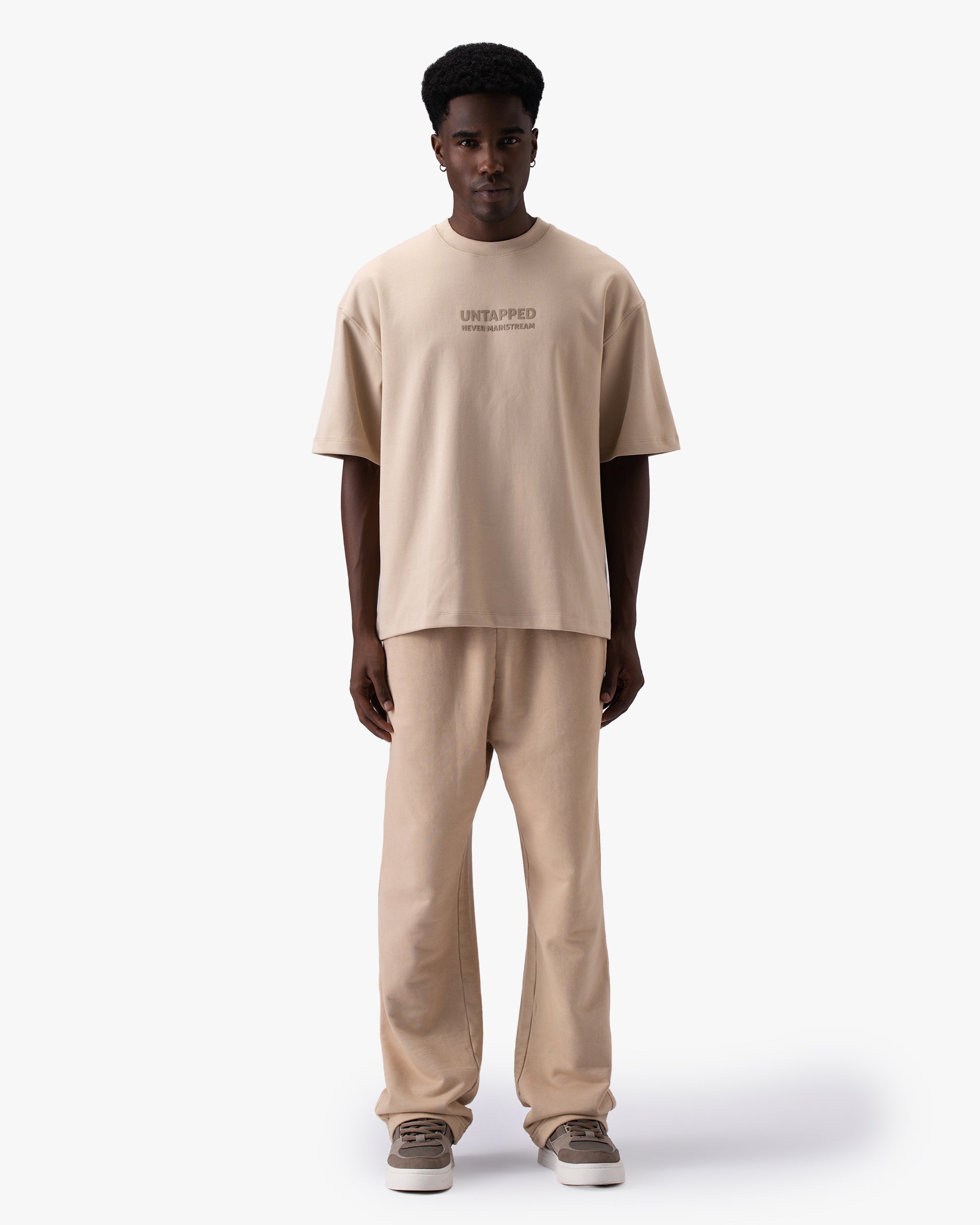 Untapped London Monogram Tee in Stone Beige, oversized heavyweight cotton t-shirt with HD print