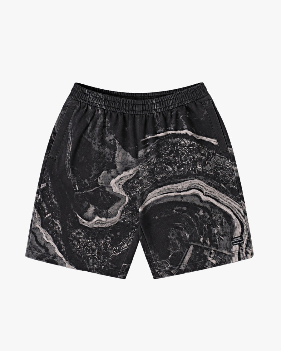 Untapped London Terrain Short in Black Marble print, heavyweight cotton shorts