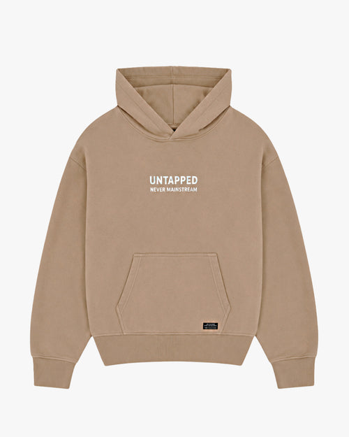 Untapped London Manifest Hoodie in Sandstone, oversized raglan-sleeve cotton hoodie