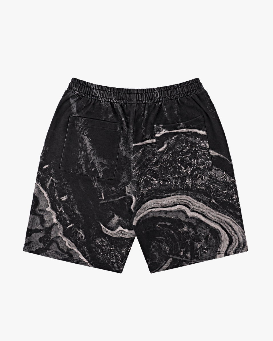 Untapped London Terrain Short in Black Marble print, heavyweight cotton shorts