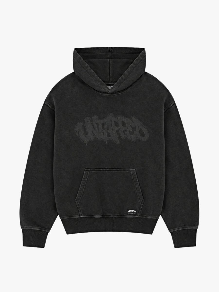 Untapped London Echo Hoodie in Washed Black, oversized heavyweight cotton hoodie