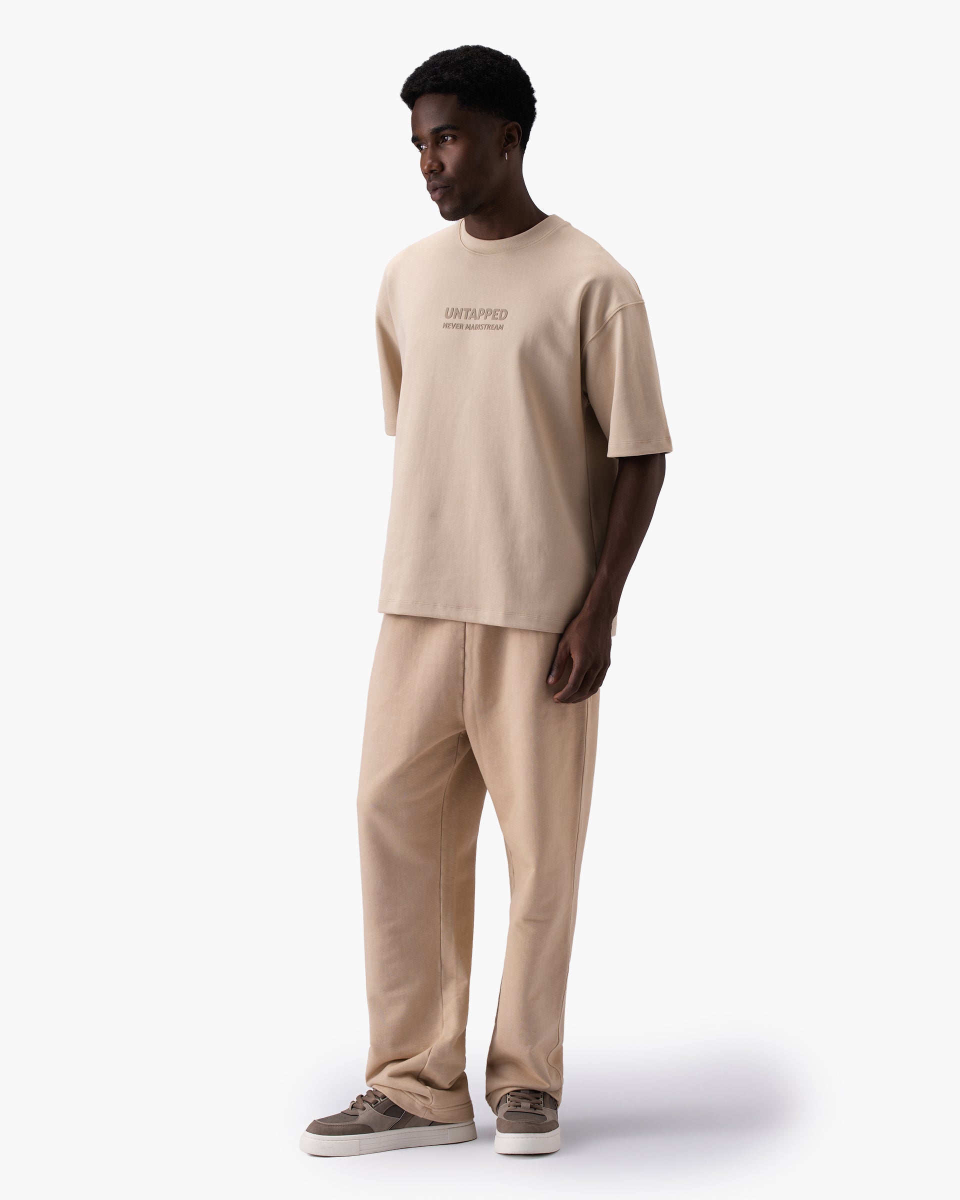 Untapped London Monogram Tee in Stone Beige, oversized heavyweight cotton t-shirt with HD print
