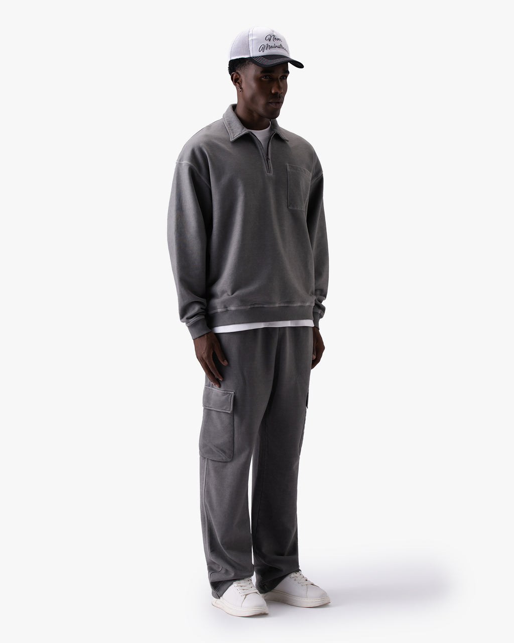 Untapped London Field Quarter Zip in Aged Grey, heavyweight cotton quarter-zip top