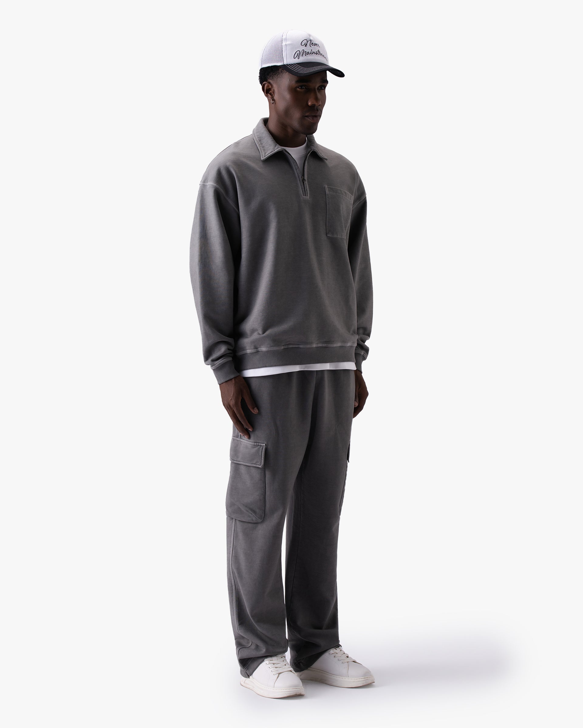 Untapped London Field Quarter Zip in Aged Grey, heavyweight cotton quarter-zip top