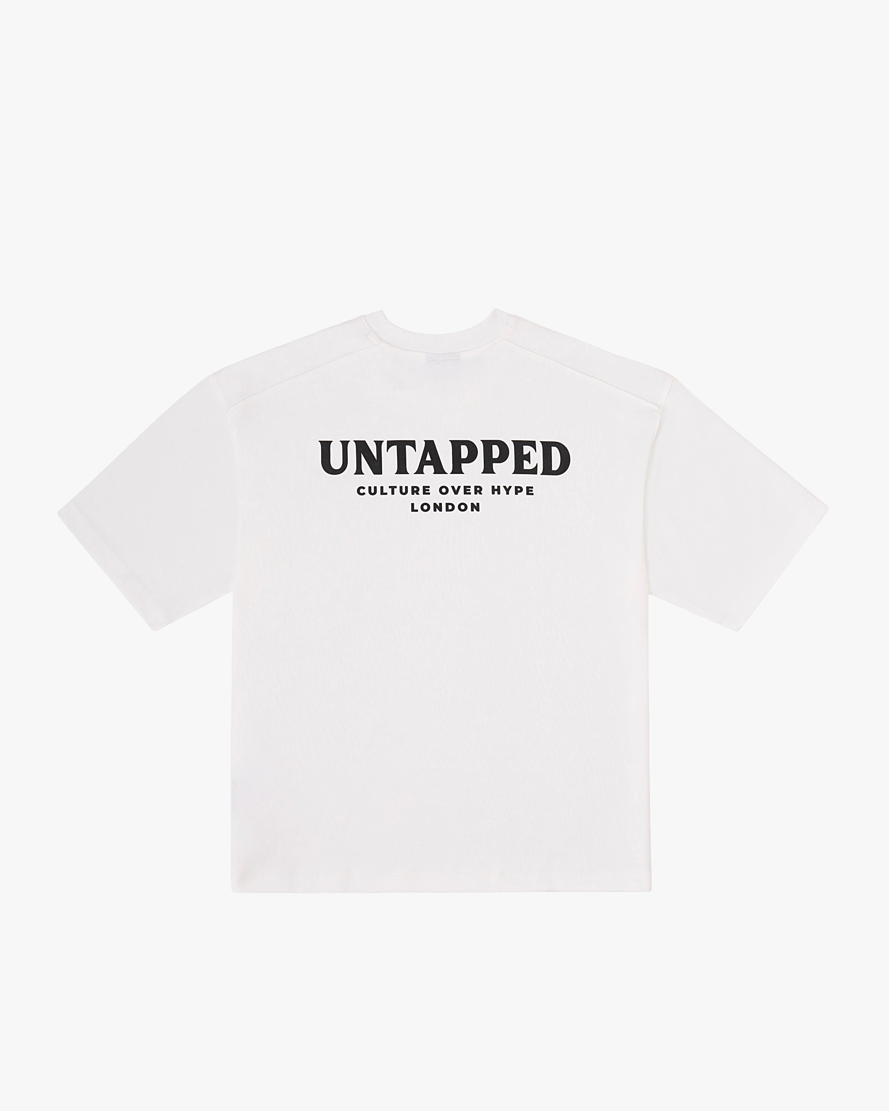 Untapped London Signature Tee in Vintage White, oversized heavyweight cotton t-shirt with HD print