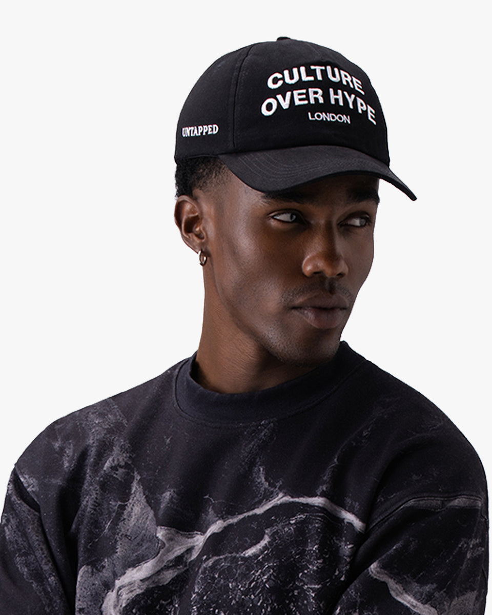 Untapped London Culture Cap in Vintage Black, structured 5-panel cotton twill cap