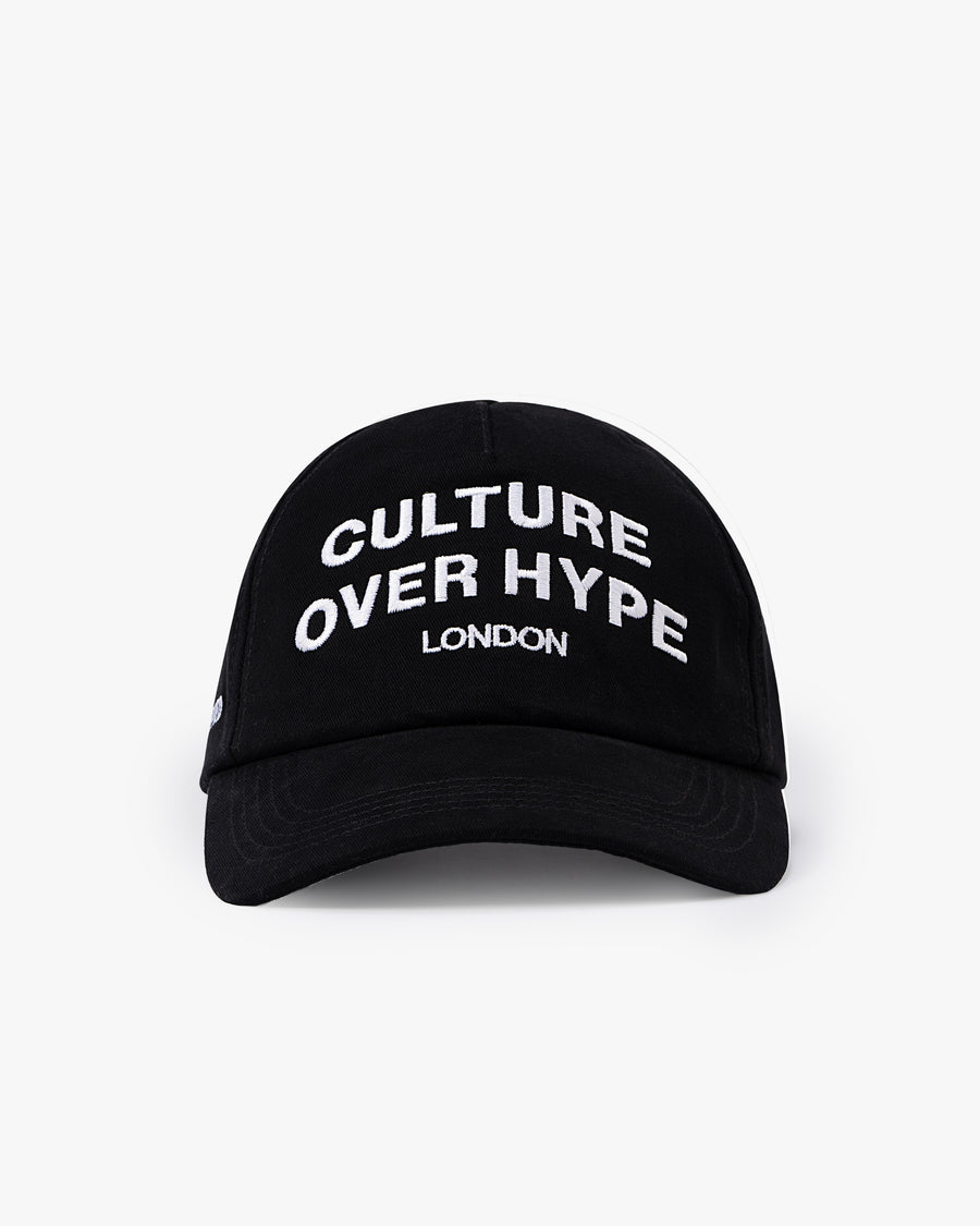 Untapped London Culture Cap in Vintage Black, structured 5-panel cotton twill cap