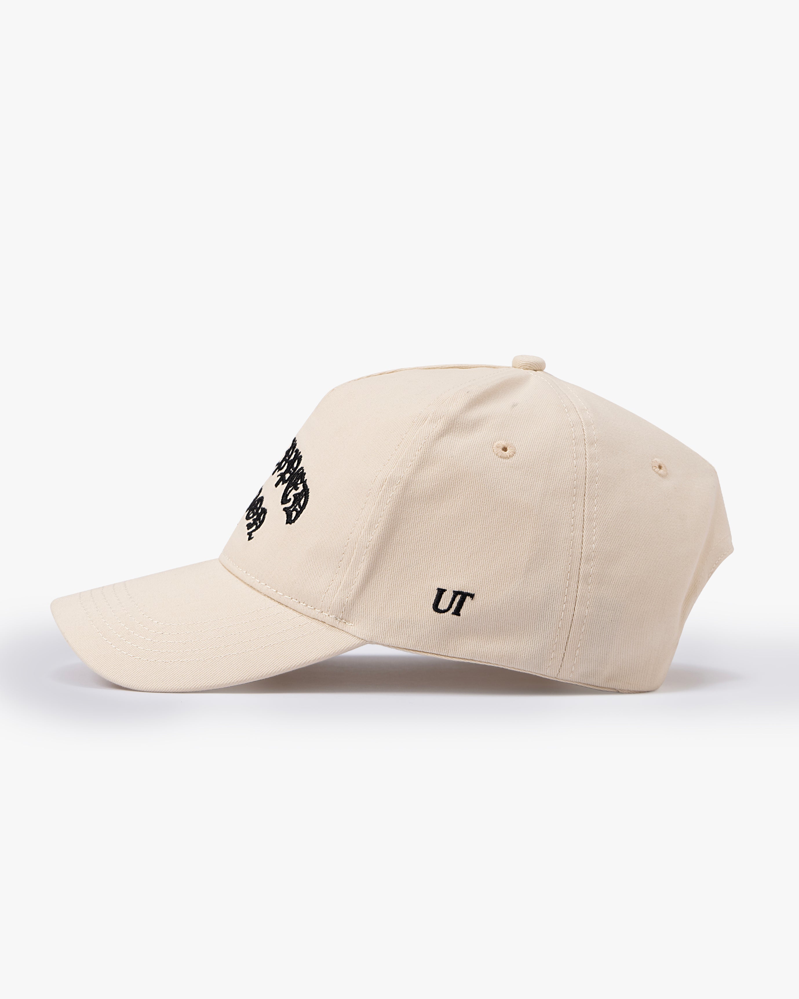 Untapped London London Script Cap in Stone Beige, structured cotton twill cap