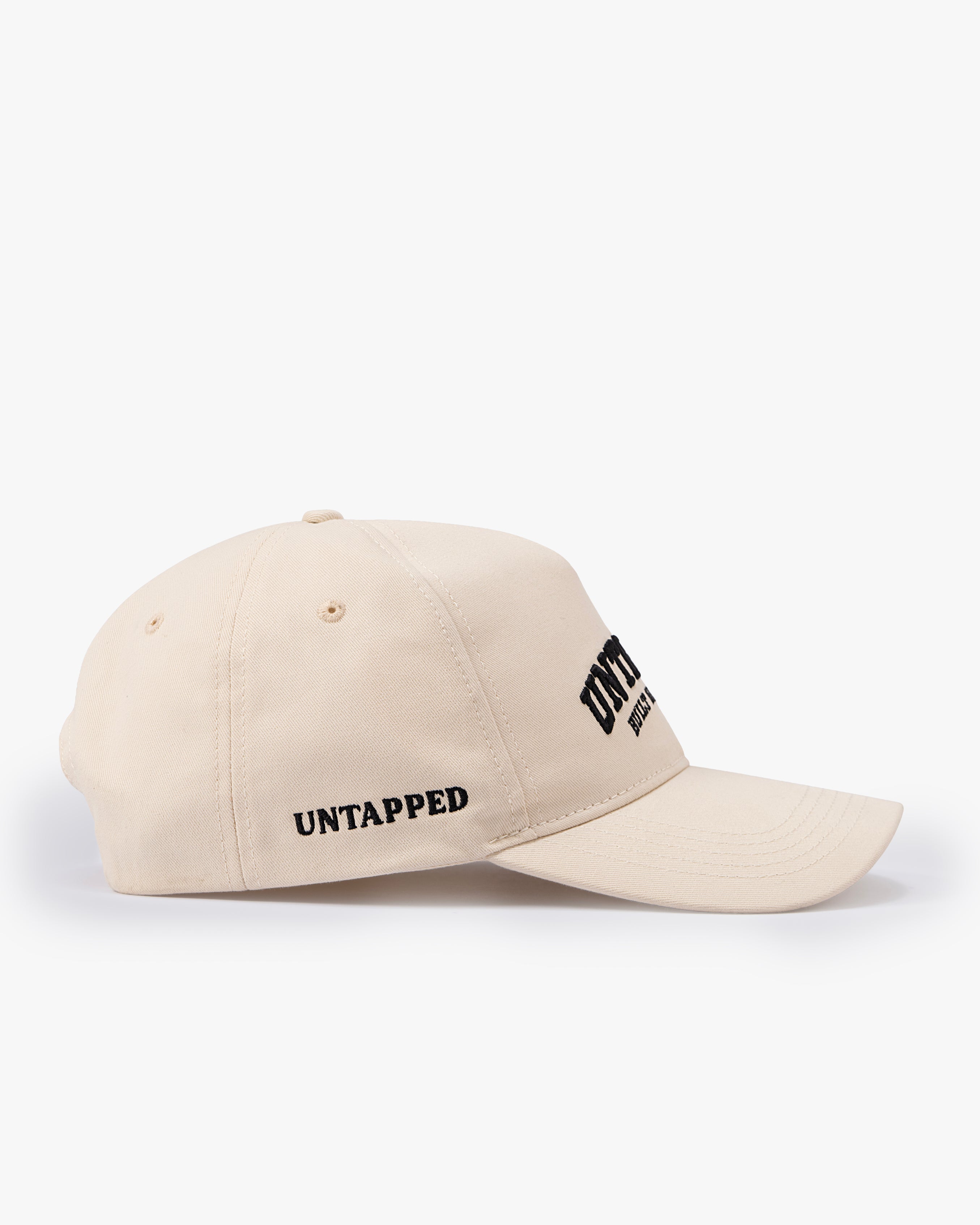 Untapped London Built Different Cap in Stone Beige, structured cotton twill cap