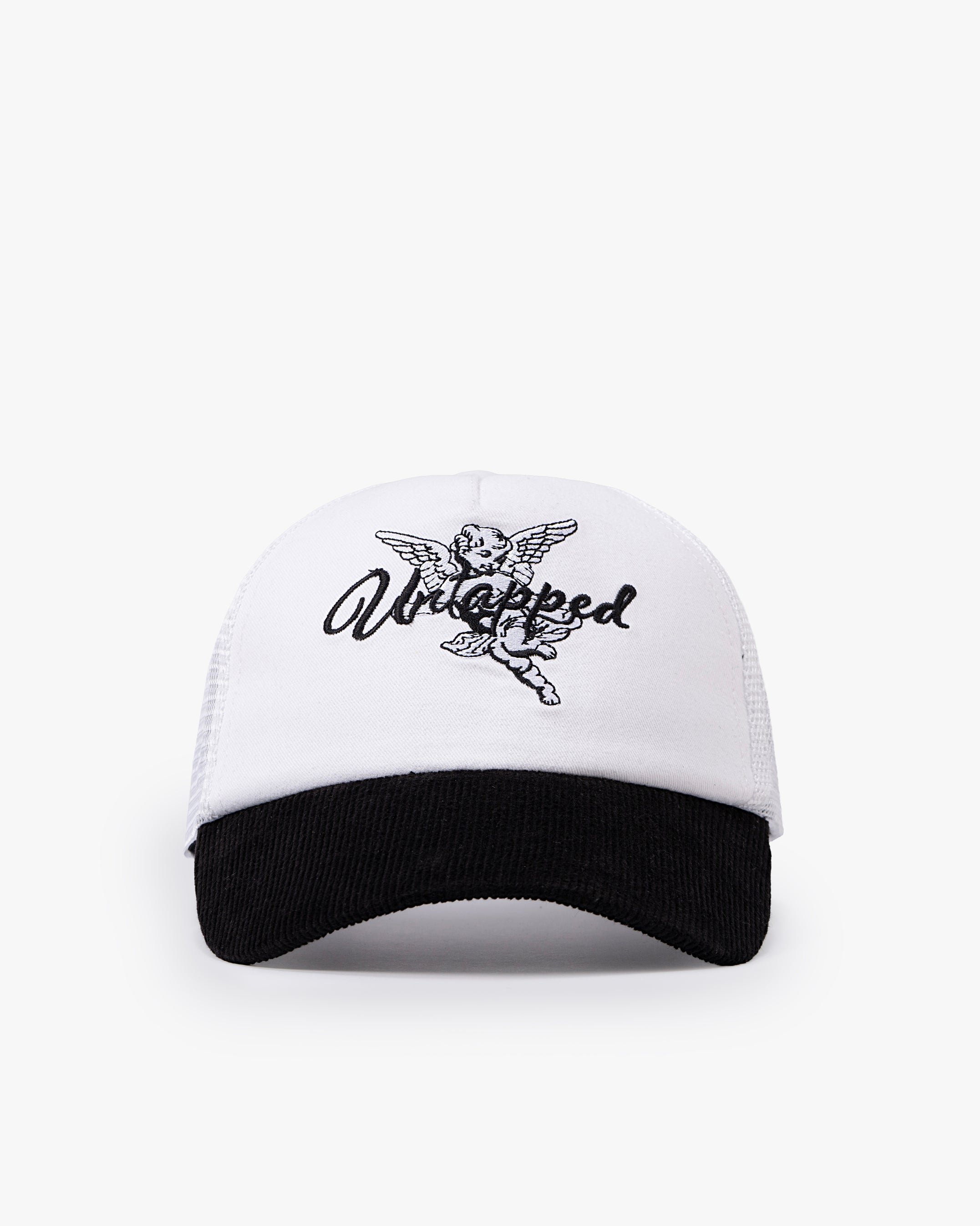 Untapped London Cherub Trucker cap in Stone Beige, cotton twill and mesh trucker cap