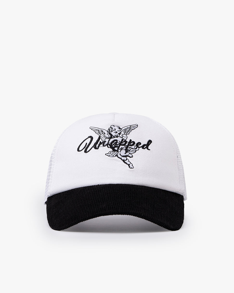 Untapped London Cherub Trucker cap in Stone Beige, cotton twill and mesh trucker cap