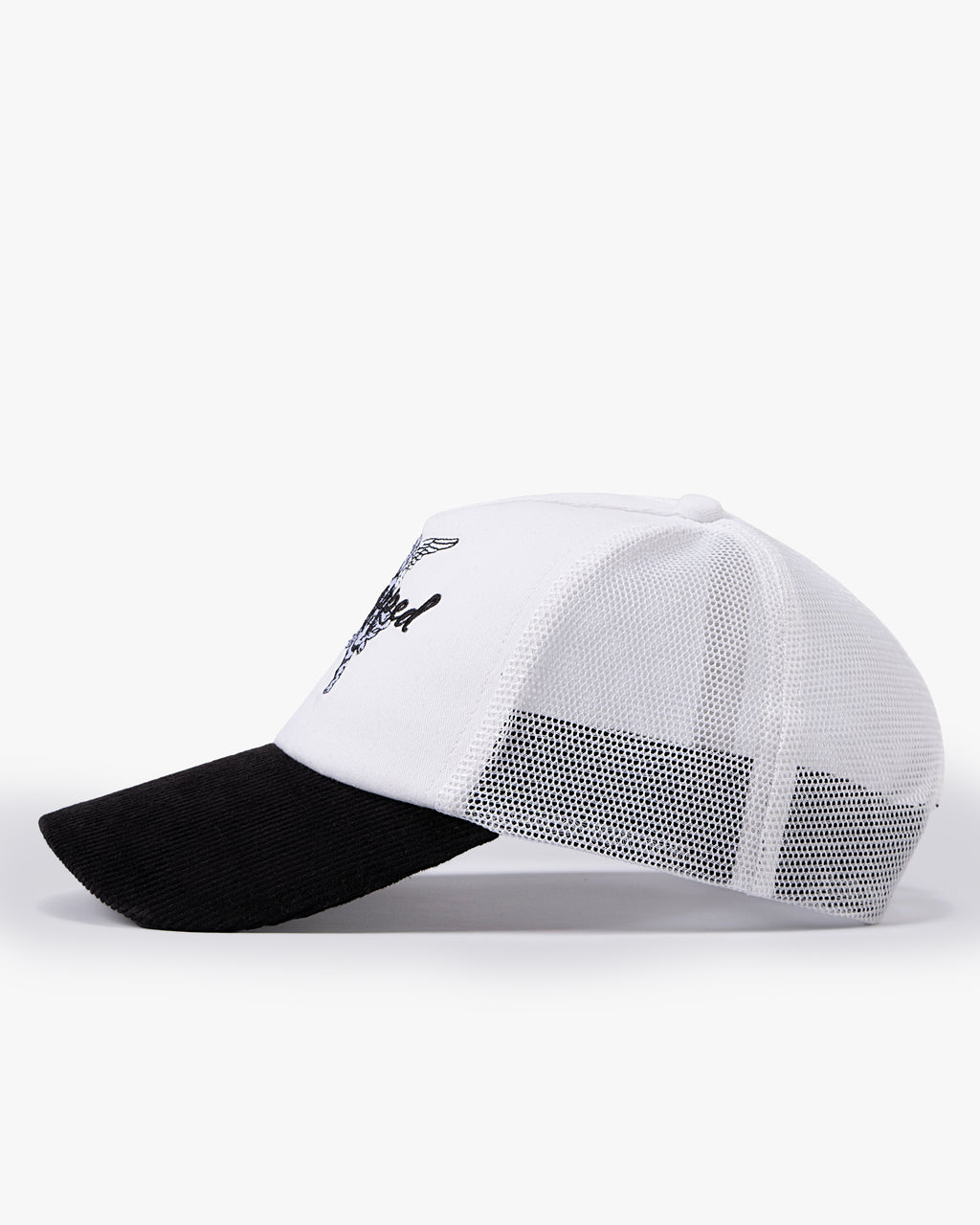 Untapped London Cherub Trucker cap in Stone Beige, cotton twill and mesh trucker cap