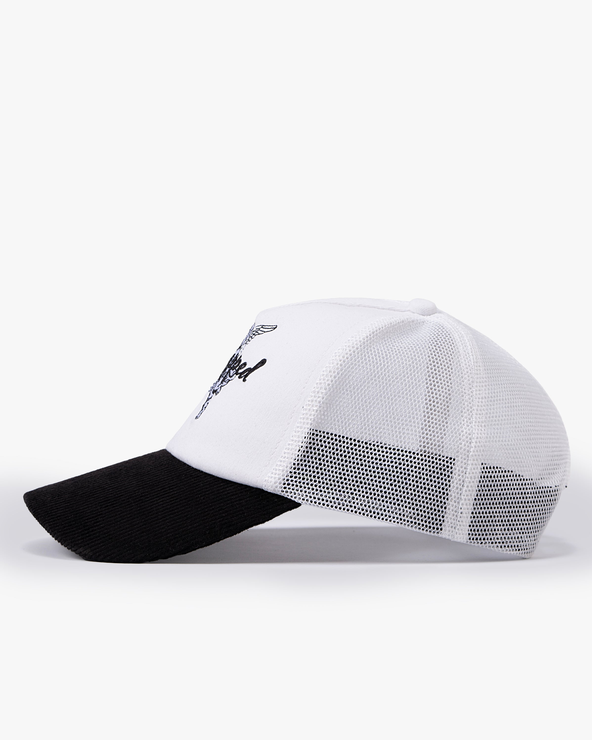 Untapped London Cherub Trucker cap in Stone Beige, cotton twill and mesh trucker cap
