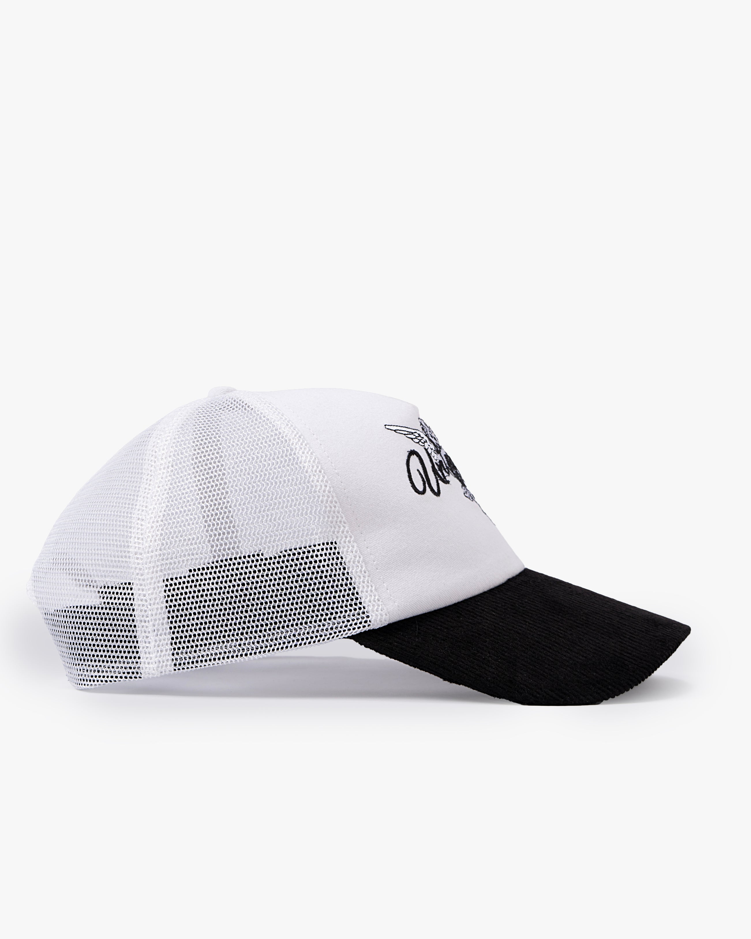 Untapped London Cherub Trucker cap in Stone Beige, cotton twill and mesh trucker cap