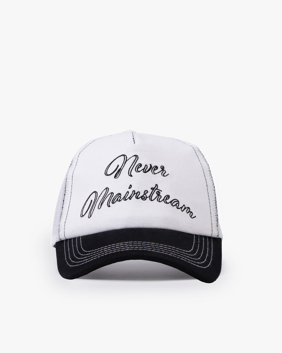 Untapped London Never Mainstream Trucker cap in Stone Beige, cotton twill and mesh