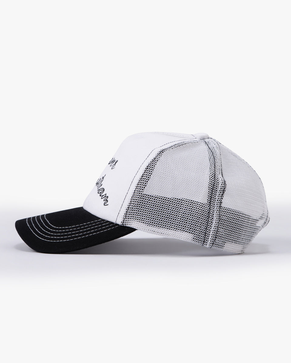 Untapped London Never Mainstream Trucker cap in Stone Beige, cotton twill and mesh