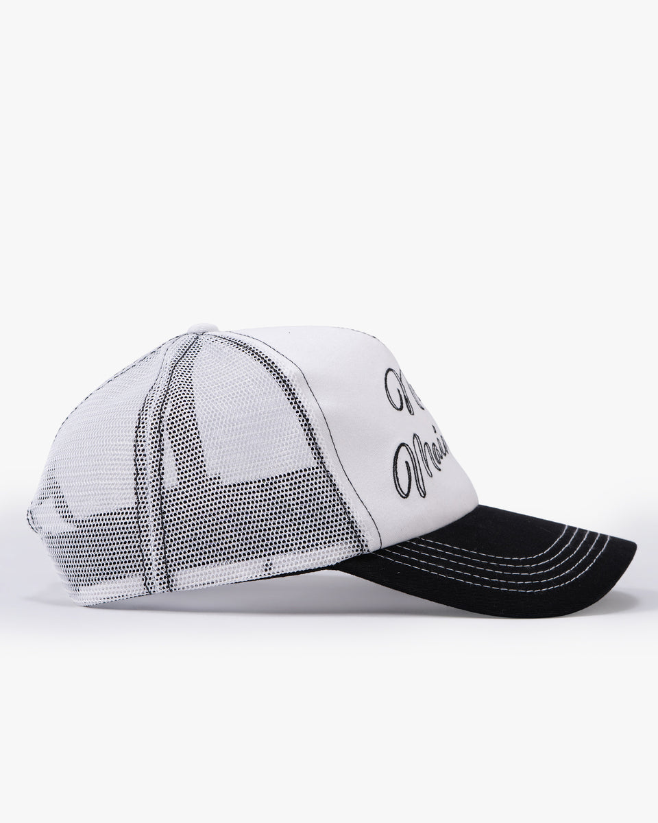 Untapped London Never Mainstream Trucker cap in Stone Beige, cotton twill and mesh