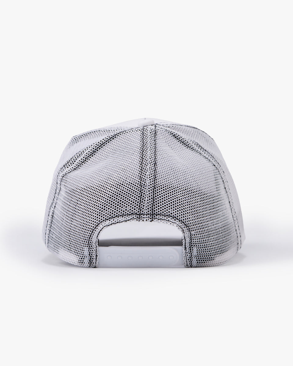 Untapped London Never Mainstream Trucker cap in Stone Beige, cotton twill and mesh